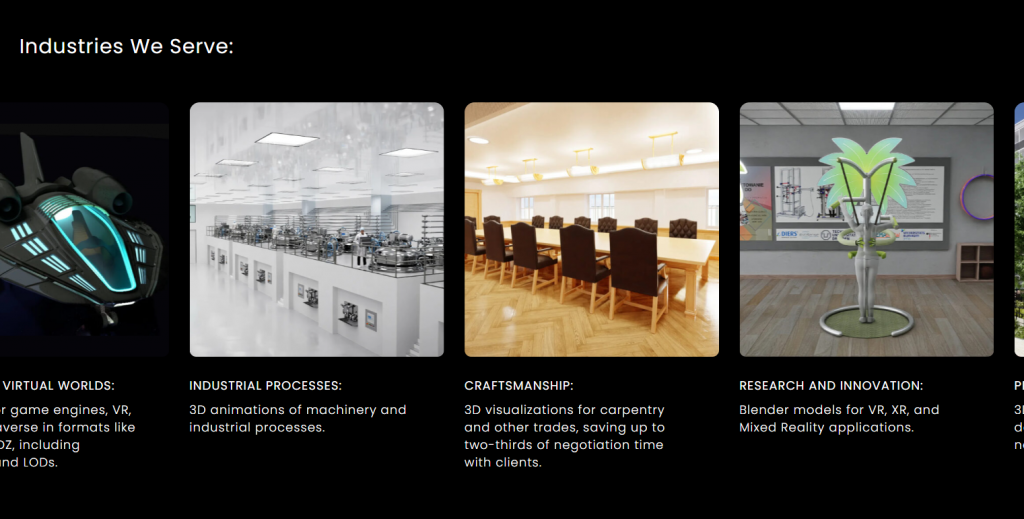 Ein Bild der 3DVD-Webseite mit fotorealistischen Renderings einer Industriehalle, eines Meetingraums mit alten Möbeln und einer VR-Umgebung.