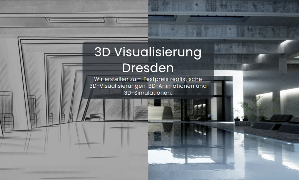 Ein Bild der 3D Visualisierung Dresden Webseite, auf dem man neben der Überschrift im Hintergrund eine Skizze und eine fotorealistische Darstellung eines mondänen Schwimmbads sieht.
