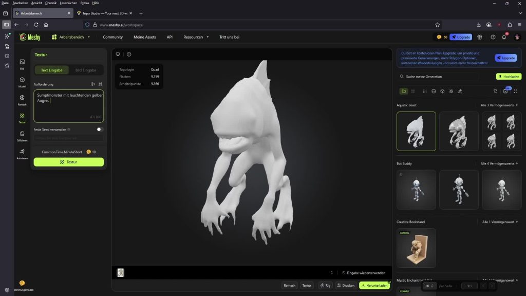 Die Oberfläche der generativen KI Meshy ist sicjtbar, Monster werden erstellt