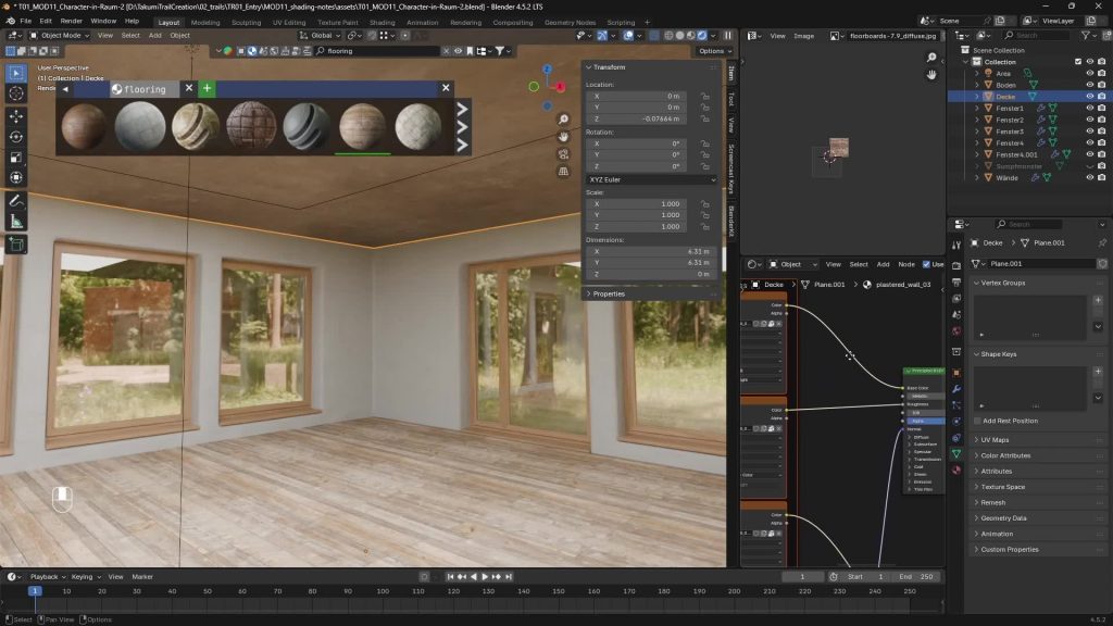 Ein großer heller Innenraum mit Holzfussboden wird in Blender mit Materialien gestaltet.