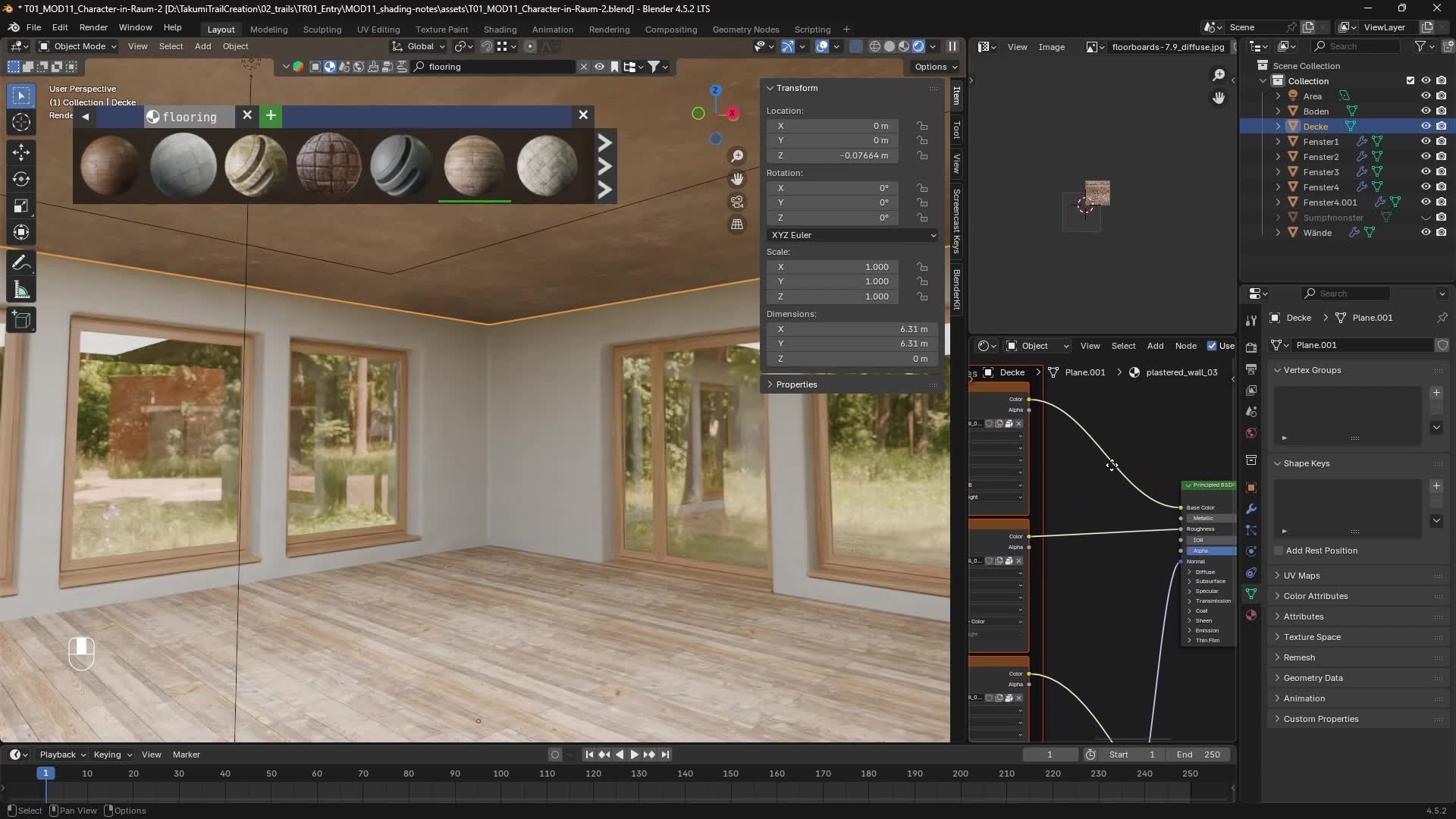 Ein großer heller Innenraum mit Holzfußboden wird in Blender mit Materialien gestaltet.