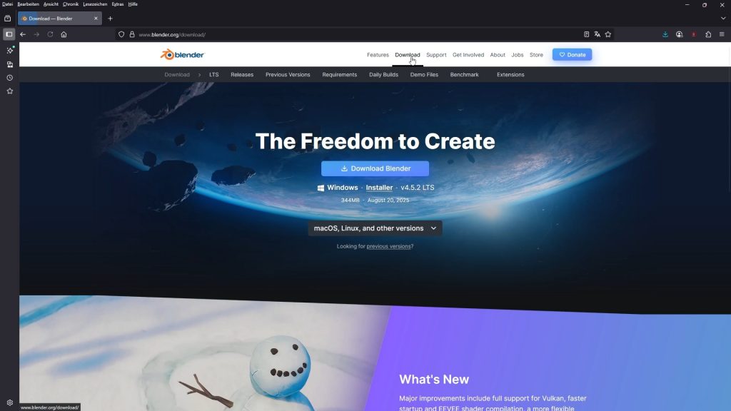 Ein Screenshot der Blender Startseite