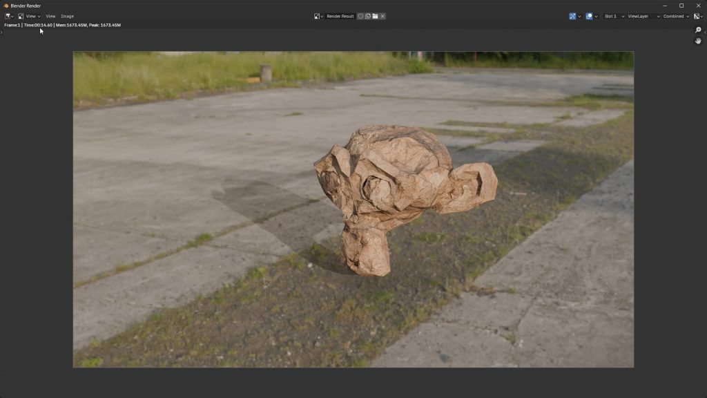 Erstes fotorealistisches Rendering von Blenders Maskottchen Suzanne, dem Kopf einer Schimpansin.