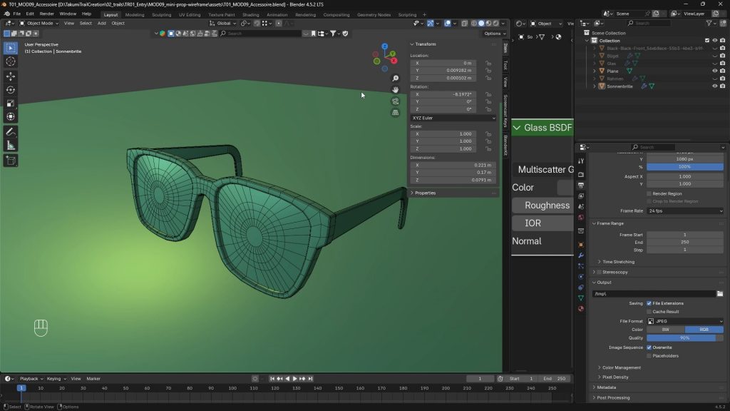 Im Blender ist eine Sonnenbrille in Meshoptik zu sehen, die gerade modelliert wird.