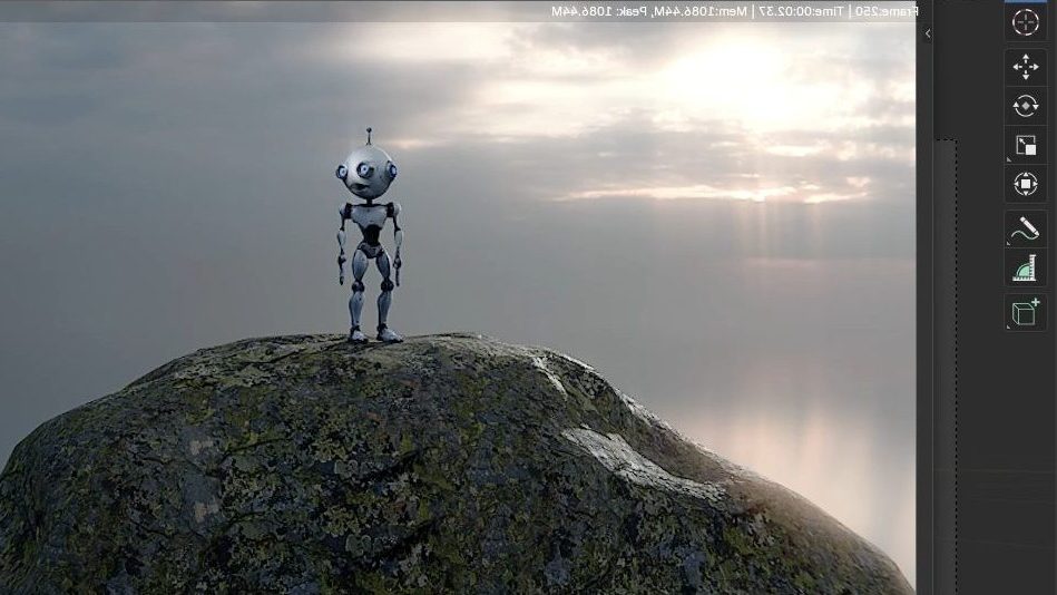 Ergebnis: Ein 3D-Roboter auf einem grünen Felsen stehend, von der Sonne angestrahlt, fotorealistisch