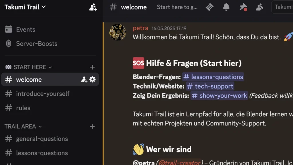 Takumi Trail Discord: Welcome-Post mit Support-Kanälen für Kursfragen und Technik